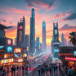 A futuristic cityscape rendered in stunning 4D style, featuring soaring skyscrapers with holographic advertisements, vibrant neon lights illuminating the streets, flying vehicles, and futuristic architecture that blends seamlessly with nature, such as vertical gardens