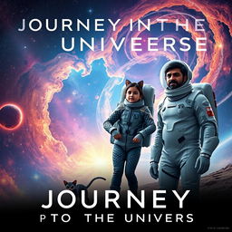 A cinematic film poster titled 'Journey into the Universe', featuring a 27-year-old Indian woman wearing a sleek, futuristic space suit, alongside a 30-year-old Indian man in a similar advanced space suit