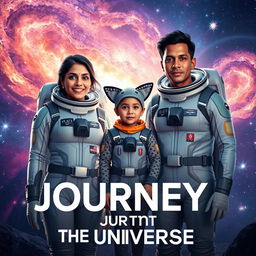 A cinematic film poster titled 'Journey into the Universe', featuring a 27-year-old Indian woman wearing a sleek, futuristic space suit, alongside a 30-year-old Indian man in a similar advanced space suit