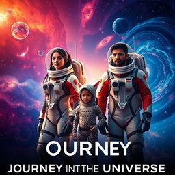 A cinematic film poster titled 'Journey into the Universe', featuring a 27-year-old Indian woman wearing a sleek, futuristic space suit, alongside a 30-year-old Indian man in a similar advanced space suit