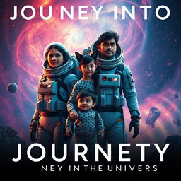 A cinematic film poster titled 'Journey into the Universe', featuring a 27-year-old Indian woman wearing a sleek, futuristic space suit, alongside a 30-year-old Indian man in a similar advanced space suit