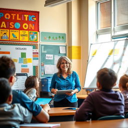 A dynamic classroom scene showcasing a dedicated teacher engaging with students, using various teaching materials like charts and digital tablets