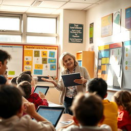 A dynamic classroom scene showcasing a dedicated teacher engaging with students, using various teaching materials like charts and digital tablets