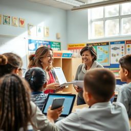 A dynamic classroom scene showcasing a dedicated teacher engaging with students, using various teaching materials like charts and digital tablets