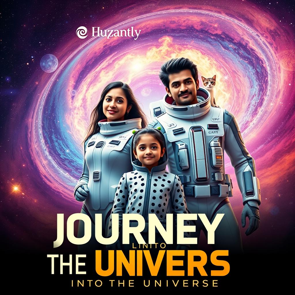 A cinematic film poster titled 'Journey into the Universe', showcasing a 27-year-old Indian woman in a sleek, futuristic space suit, standing confidently alongside a 30-year-old Indian man in a similarly advanced space suit