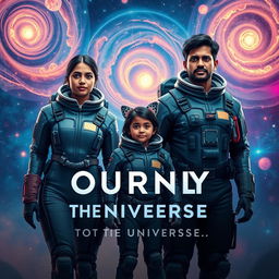 A cinematic film poster titled 'Journey into the Universe', showcasing a 27-year-old Indian woman in a sleek, futuristic space suit, standing confidently alongside a 30-year-old Indian man in a similarly advanced space suit