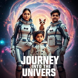 A cinematic film poster titled 'Journey into the Universe', showcasing a 27-year-old Indian woman in a sleek, futuristic space suit, standing confidently alongside a 30-year-old Indian man in a similarly advanced space suit