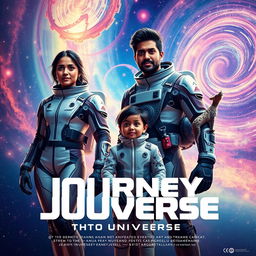 A cinematic film poster titled 'Journey into the Universe', showcasing a 27-year-old Indian woman in a sleek, futuristic space suit, standing confidently alongside a 30-year-old Indian man in a similarly advanced space suit