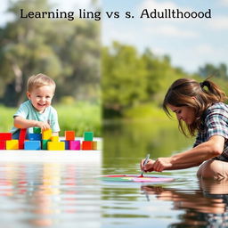 A beautiful and thought-provoking scene illustrating the concept of learning in childhood versus adulthood