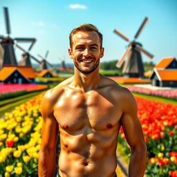 A confident and proud Dutch man standing naked in a picturesque setting, embodying the essence of masculinity and natural beauty