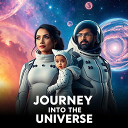 A cinematic film poster titled 'Journey into the Universe', prominently featuring a 27-year-old Indian woman in a sleek and modern futuristic space suit, alongside a 30-year-old Indian man dressed in a complementary advanced space suit