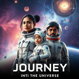 A cinematic film poster titled 'Journey into the Universe', prominently featuring a 27-year-old Indian woman in a sleek and modern futuristic space suit, alongside a 30-year-old Indian man dressed in a complementary advanced space suit