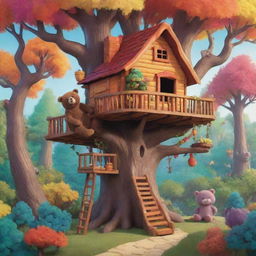 A cozy cartoon treehouse nestled in a vibrant forest, teeming with playful critters. A friendly bear occupies the treehouse, surrounded by brightly hued trees.