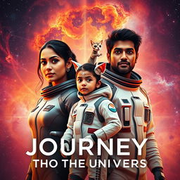 A cinematic film poster titled 'Journey into the Universe', prominently featuring a 27-year-old Indian woman in a sleek and modern futuristic space suit, alongside a 30-year-old Indian man dressed in a complementary advanced space suit