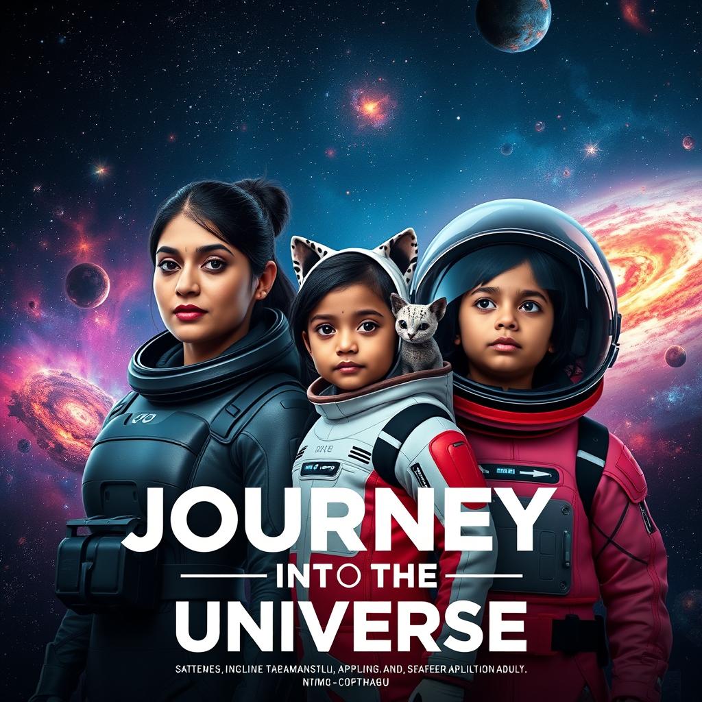 A cinematic film poster titled 'Journey into the Universe', prominently featuring a 27-year-old Indian woman in a sleek and modern futuristic space suit, alongside a 30-year-old Indian man dressed in a complementary advanced space suit