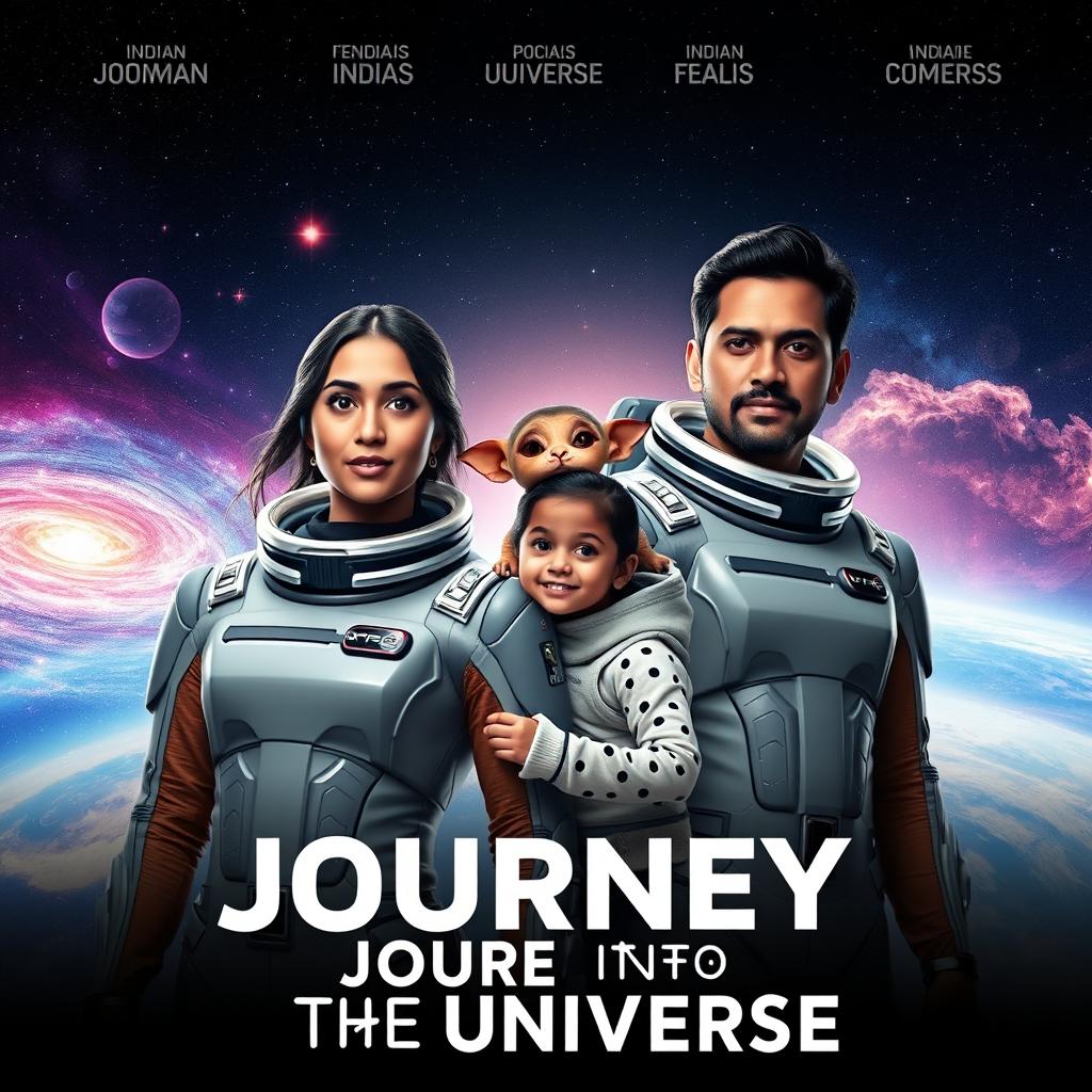 A cinematic film poster titled 'Journey into the Universe', prominently displaying a 27-year-old Indian woman dressed in a sleek and advanced futuristic space suit, standing next to a 30-year-old Indian man in a matching high-tech space suit