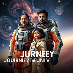 A cinematic film poster titled 'Journey into the Universe', prominently displaying a 27-year-old Indian woman dressed in a sleek and advanced futuristic space suit, standing next to a 30-year-old Indian man in a matching high-tech space suit