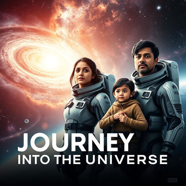 A cinematic film poster titled 'Journey into the Universe', prominently displaying a 27-year-old Indian woman dressed in a sleek and advanced futuristic space suit, standing next to a 30-year-old Indian man in a matching high-tech space suit