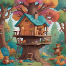 A cozy cartoon treehouse nestled in a vibrant forest, teeming with playful critters. A friendly bear occupies the treehouse, surrounded by brightly hued trees.