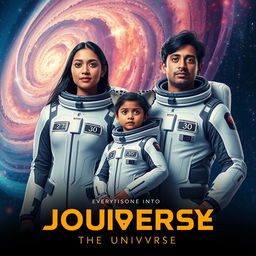 A cinematic film poster titled 'Journey into the Universe', prominently displaying a 27-year-old Indian woman dressed in a sleek and advanced futuristic space suit, standing next to a 30-year-old Indian man in a matching high-tech space suit