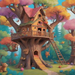 A cozy cartoon treehouse nestled in a vibrant forest, teeming with playful critters. A friendly bear occupies the treehouse, surrounded by brightly hued trees.