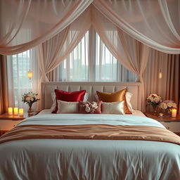 A beautifully decorated marriage bed in a romantic setting, featuring an elegant canopy with soft, flowing fabrics, plush pillows in rich colors like deep red and gold, and a luxurious duvet spread across the bed