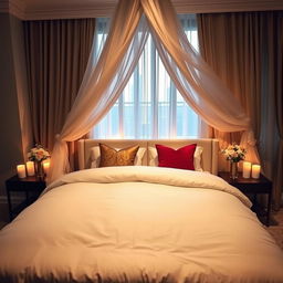 A beautifully decorated marriage bed in a romantic setting, featuring an elegant canopy with soft, flowing fabrics, plush pillows in rich colors like deep red and gold, and a luxurious duvet spread across the bed