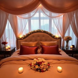 A beautifully decorated marriage bed in a romantic setting, featuring an elegant canopy with soft, flowing fabrics, plush pillows in rich colors like deep red and gold, and a luxurious duvet spread across the bed