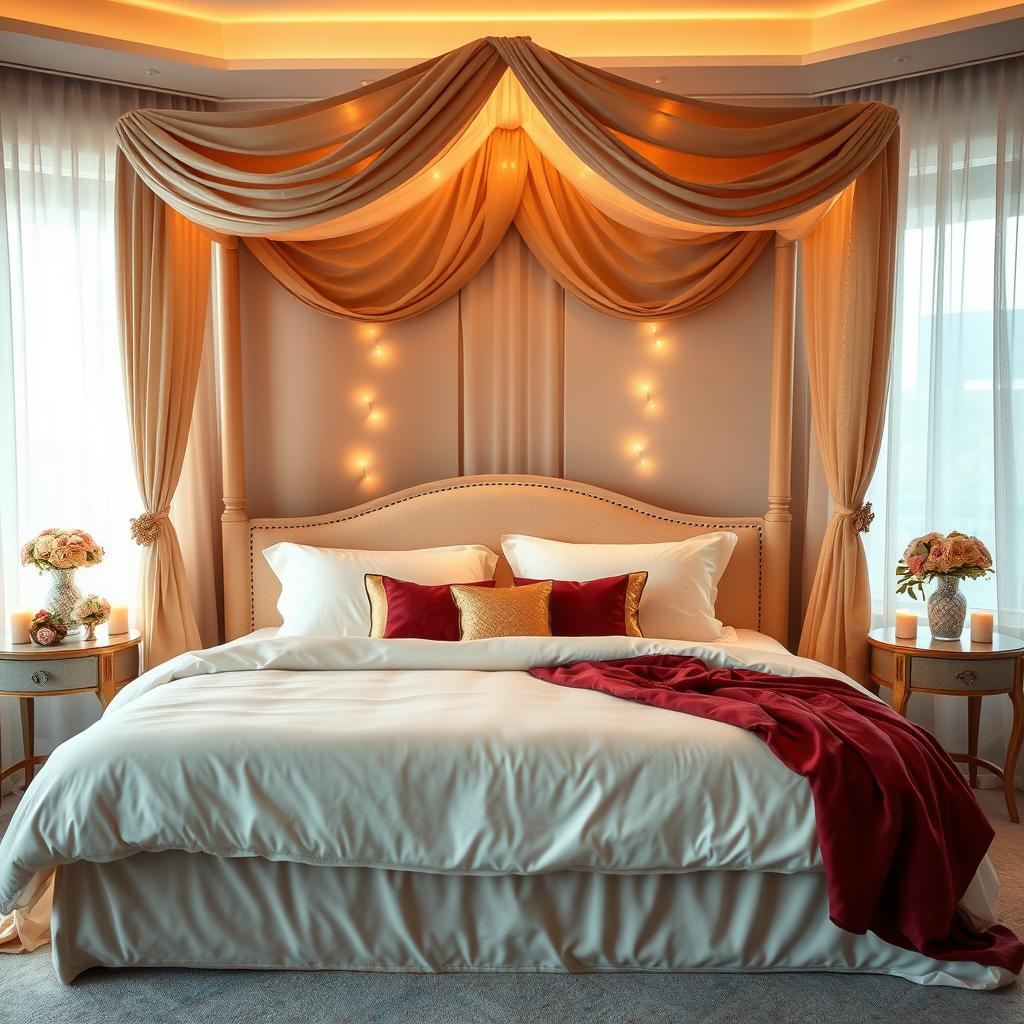 A beautifully decorated marriage bed in a romantic setting, featuring an elegant canopy with soft, flowing fabrics, plush pillows in rich colors like deep red and gold, and a luxurious duvet spread across the bed