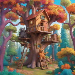 A cozy cartoon treehouse nestled in a vibrant forest, teeming with playful critters. A friendly bear occupies the treehouse, surrounded by brightly hued trees.