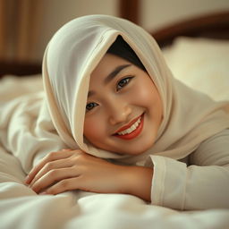 A stunning Indonesian girl with white skin, wearing a hijab, laying on a bed with a smiling face