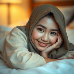 A stunning Indonesian girl with white skin, wearing a hijab, laying on a bed with a smiling face