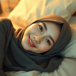 A stunning Indonesian girl with white skin, wearing a hijab, laying on a bed with a smiling face