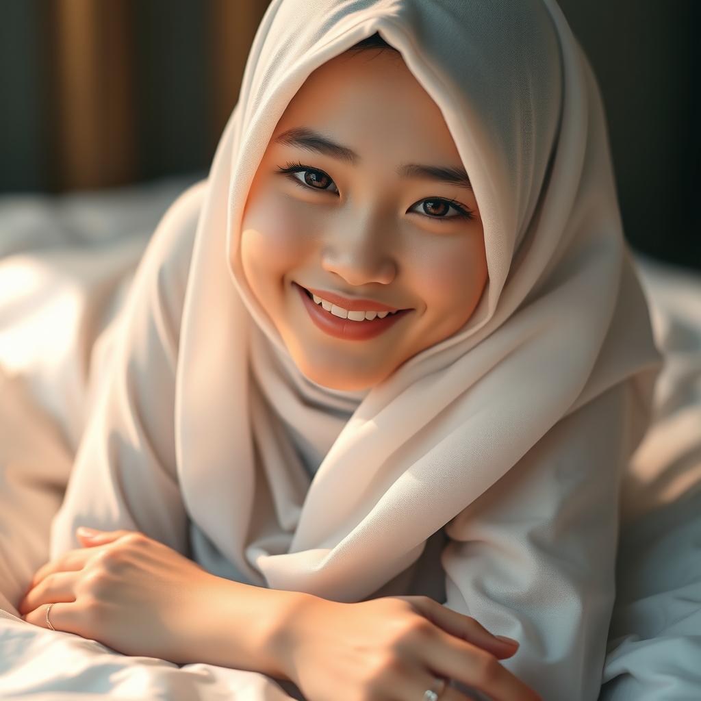 A stunning Indonesian girl with white skin, wearing a hijab, laying on a bed with a smiling face