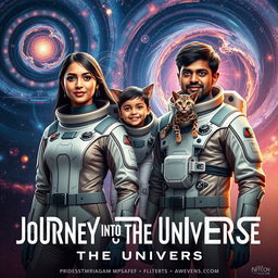 A cinematic film poster titled 'Journey into the Universe', vividly illustrating a 27-year-old Indian woman in an elegant, state-of-the-art futuristic space suit, standing confidently next to a 30-year-old Indian man adorned in a matching high-tech space suit