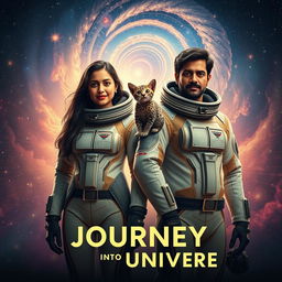 A cinematic film poster titled 'Journey into the Universe', vividly illustrating a 27-year-old Indian woman in an elegant, state-of-the-art futuristic space suit, standing confidently next to a 30-year-old Indian man adorned in a matching high-tech space suit