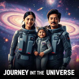 A cinematic film poster titled 'Journey into the Universe', vividly illustrating a 27-year-old Indian woman in an elegant, state-of-the-art futuristic space suit, standing confidently next to a 30-year-old Indian man adorned in a matching high-tech space suit