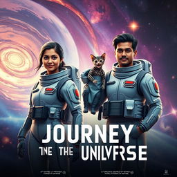 A cinematic film poster titled 'Journey into the Universe', vividly illustrating a 27-year-old Indian woman in an elegant, state-of-the-art futuristic space suit, standing confidently next to a 30-year-old Indian man adorned in a matching high-tech space suit