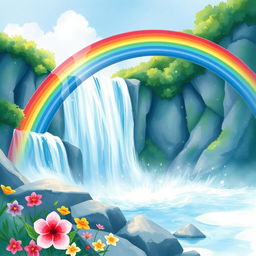 A vivid and enchanting scene of a rainbow arching gracefully over a majestic waterfall, surrounded by lush greenery and colorful flowers