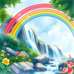 A vivid and enchanting scene of a rainbow arching gracefully over a majestic waterfall, surrounded by lush greenery and colorful flowers