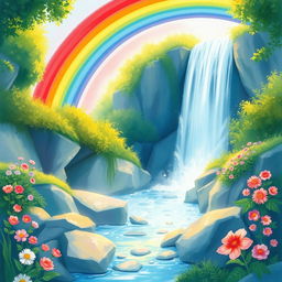 A vivid and enchanting scene of a rainbow arching gracefully over a majestic waterfall, surrounded by lush greenery and colorful flowers