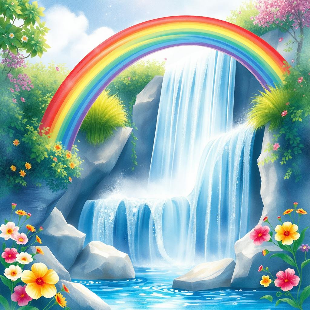 A vivid and enchanting scene of a rainbow arching gracefully over a majestic waterfall, surrounded by lush greenery and colorful flowers