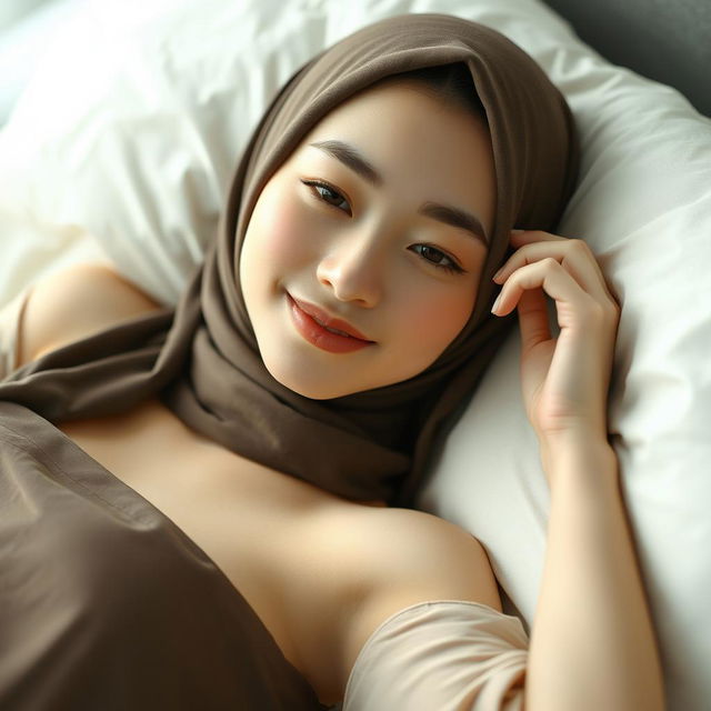 A stunning Japanese girl with flawless white skin, wearing a hijab, laying gracefully on a bed with a serene smile on her face