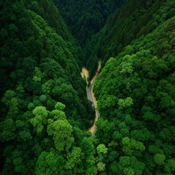 An aerial view of a well-tarred straight road cutting through the heart of a lush, dense forest.