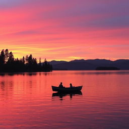 A serene sunset over a tranquil lake, with vibrant orange and purple hues in the sky reflecting on the water's surface