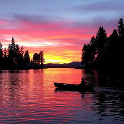 A serene sunset over a tranquil lake, with vibrant orange and purple hues in the sky reflecting on the water's surface