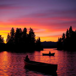 A serene sunset over a tranquil lake, with vibrant orange and purple hues in the sky reflecting on the water's surface