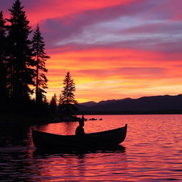 A serene sunset over a tranquil lake, with vibrant orange and purple hues in the sky reflecting on the water's surface