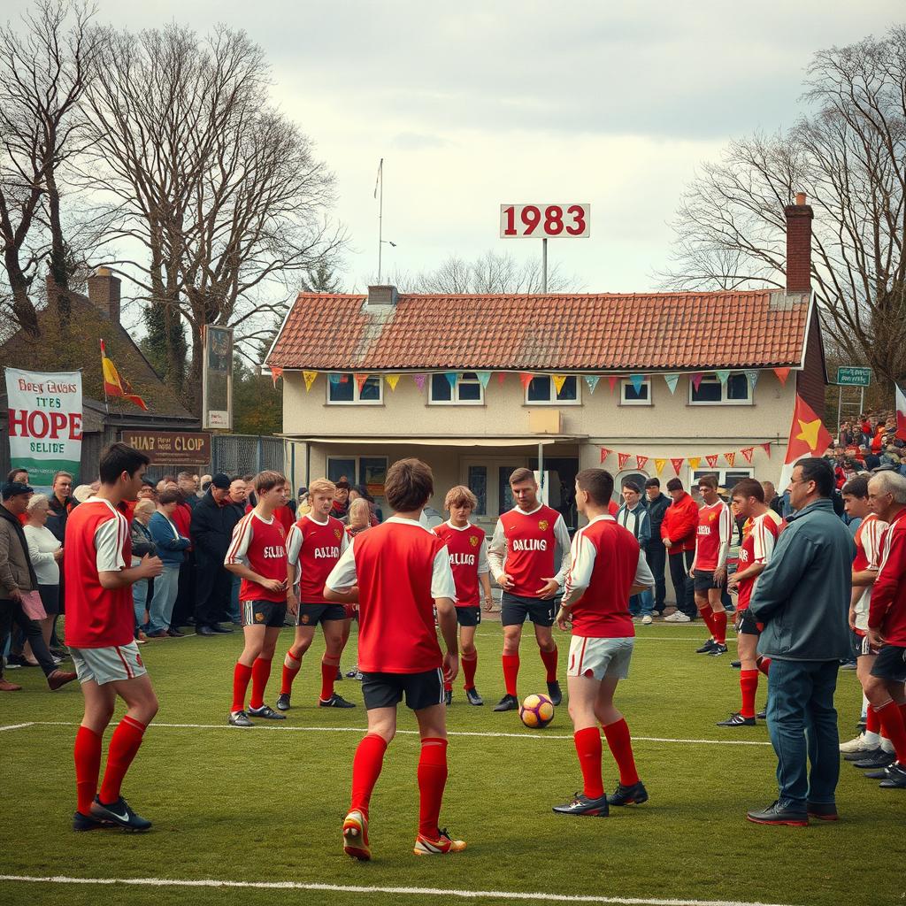 A nostalgic depiction of a small, local football club in 1980s, capturing the essence of grassroots football