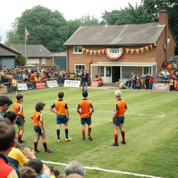 A nostalgic depiction of a small, local football club in 1980s, capturing the essence of grassroots football